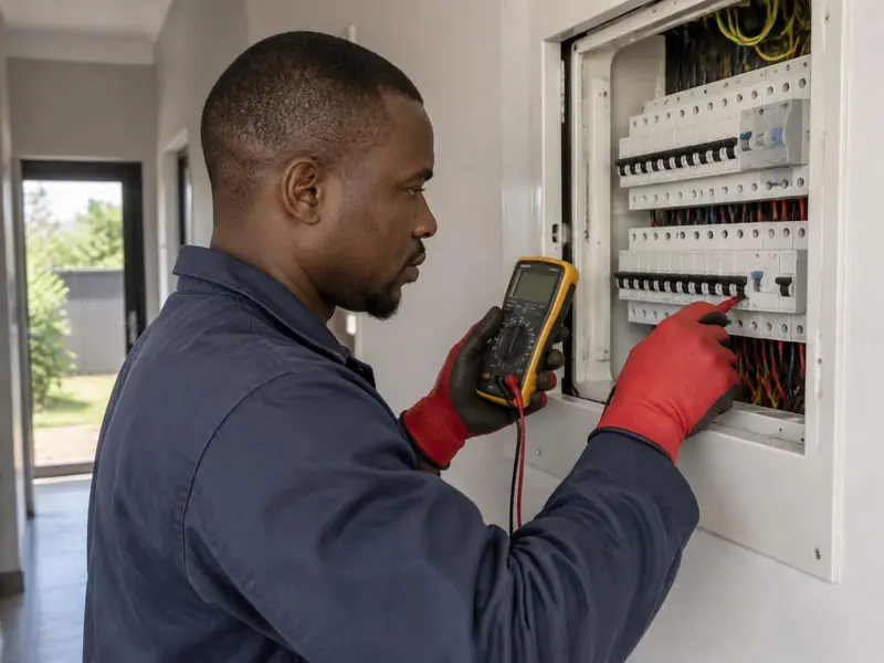 Residential electrician performing electrical testing on a distribution board