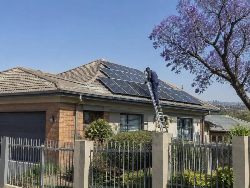 Technician checking rooftop solar panels on a South African suburban home